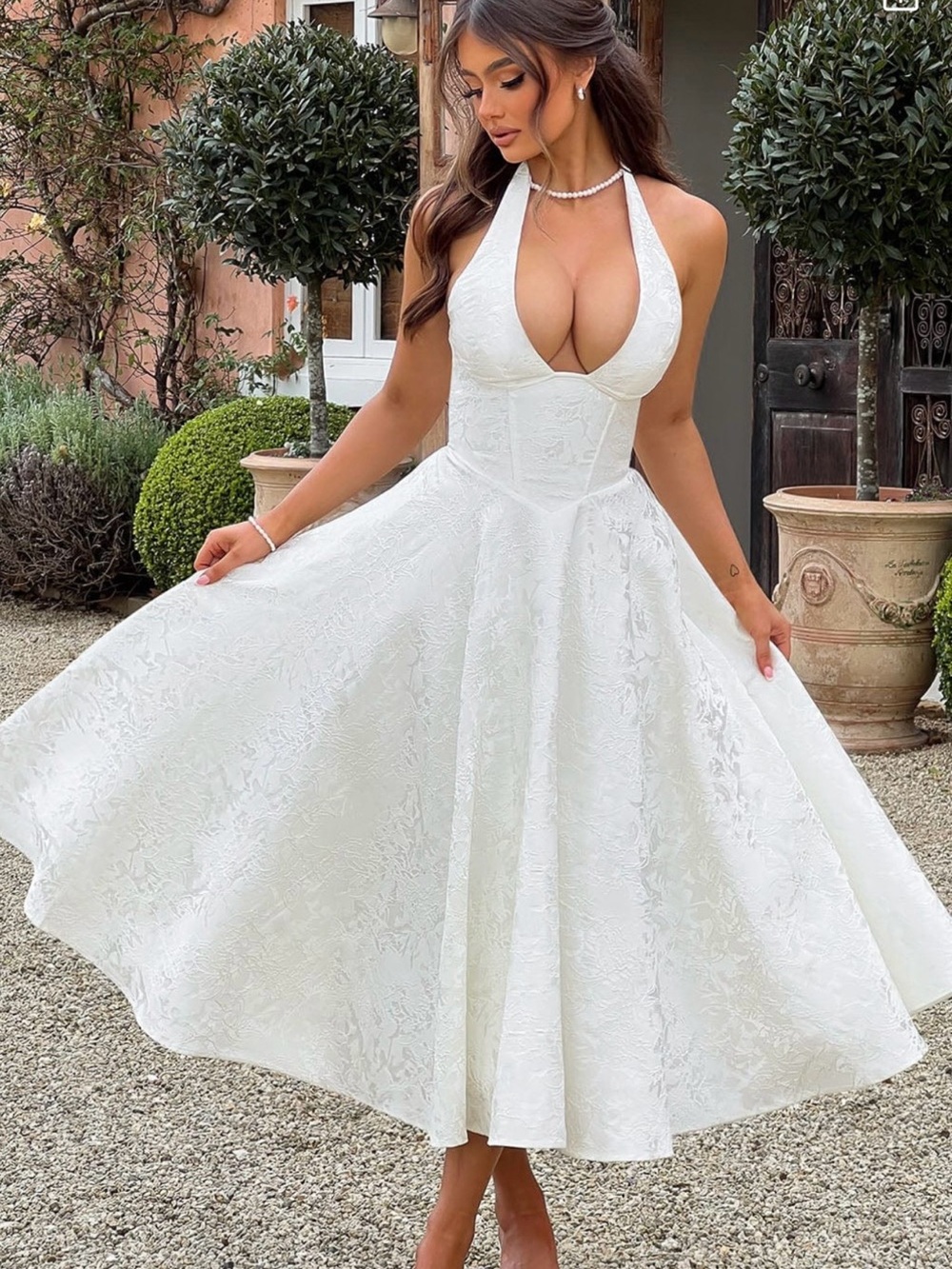 Halter V-Neck White A-Line Midi Dress